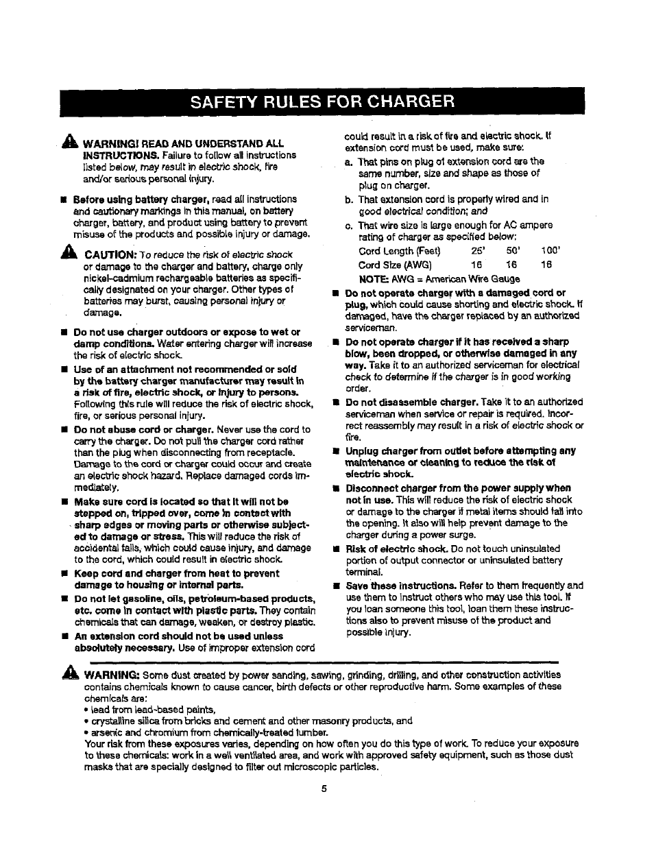 Safety rules for charger | Craftsman 315.115340 User Manual | Page 5 / 20