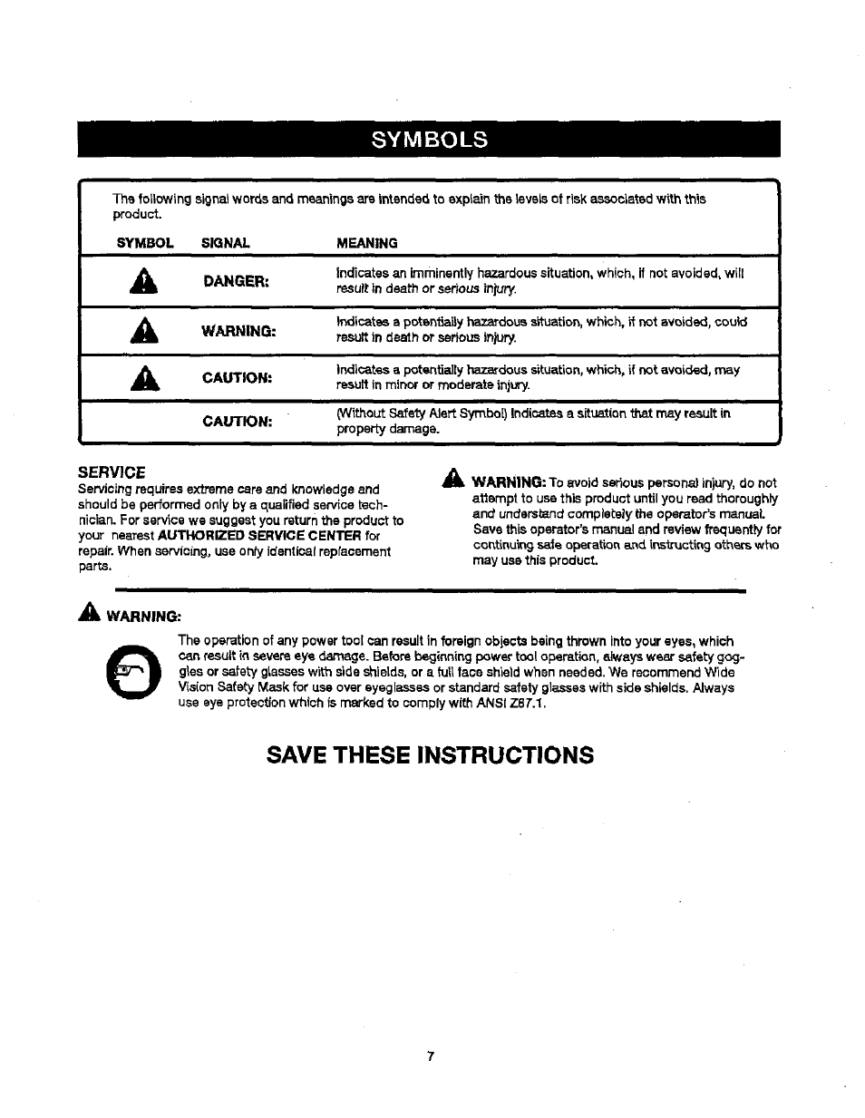 Symbols, Save these instructions | Craftsman 315.115340 User Manual | Page 7 / 20