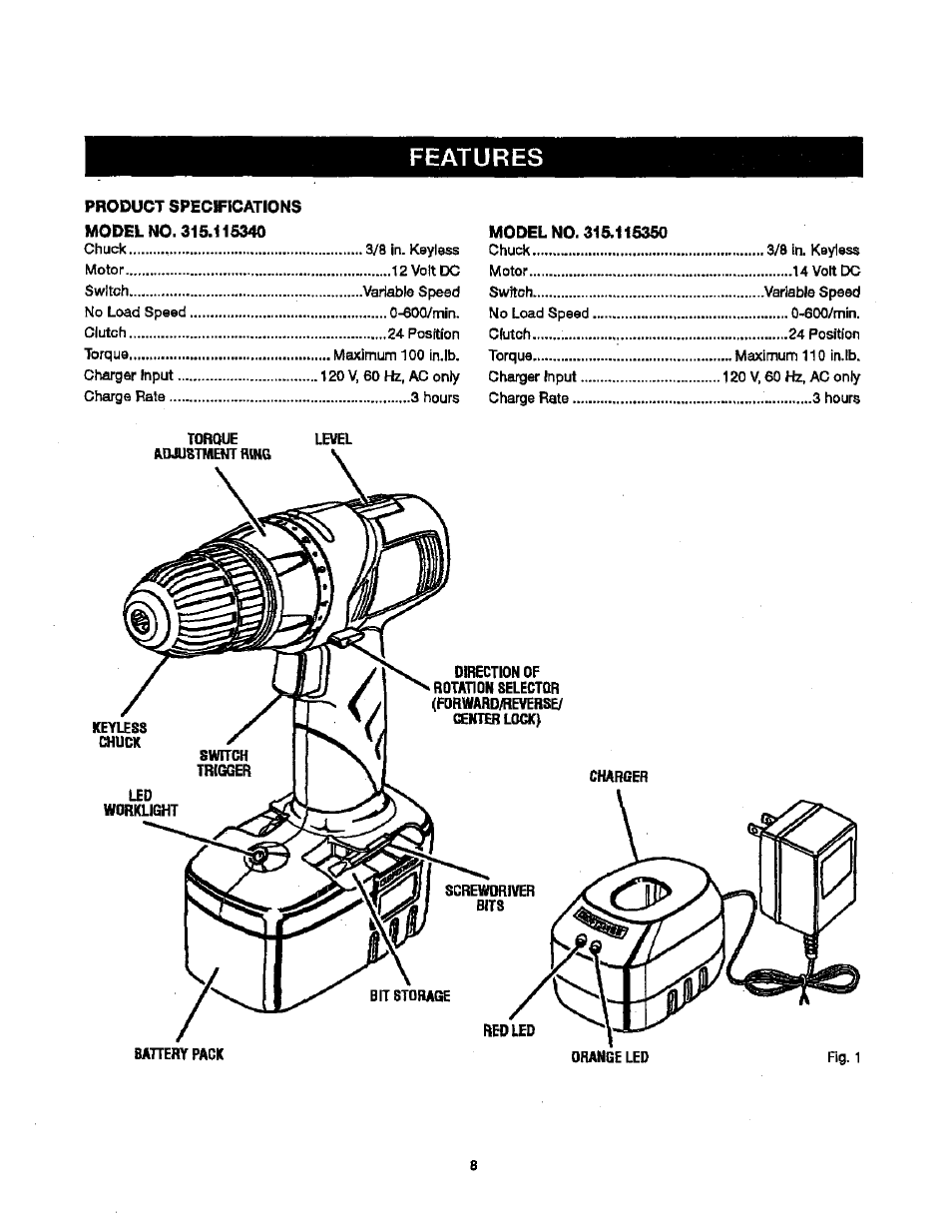 Features, Features -9 | Craftsman 315.115340 User Manual | Page 8 / 20