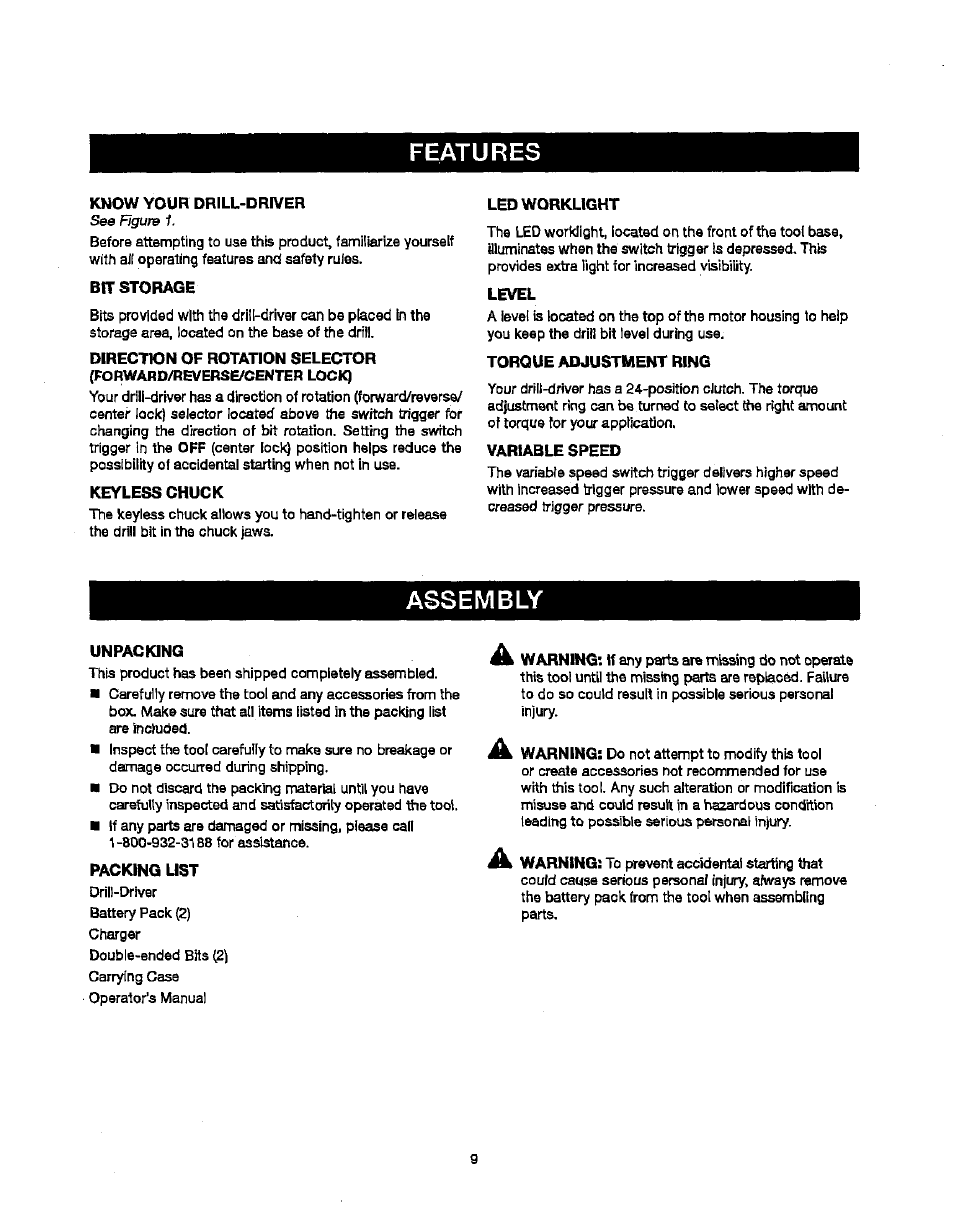 Features, Assembly | Craftsman 315.115340 User Manual | Page 9 / 20