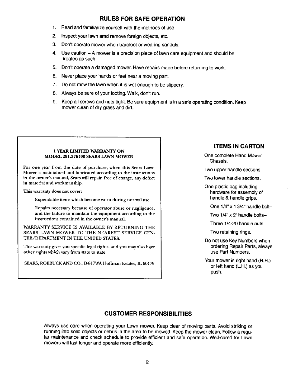 Rules for safe operation, Items in carton, Customer responsibilities | This warranty does not cover | Craftsman 291.376100 User Manual | Page 2 / 5