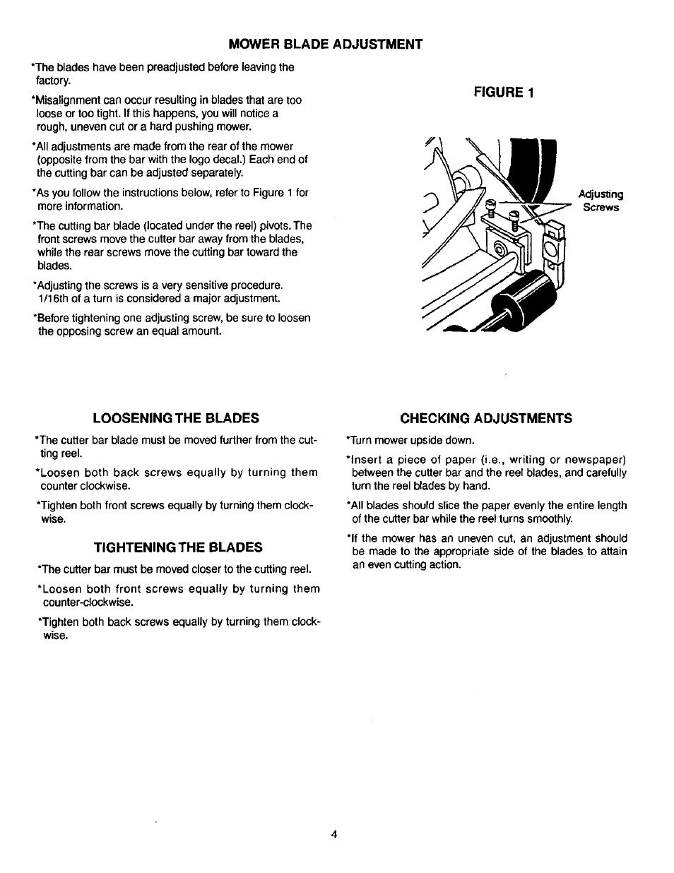 Mower blade adjustment, Figure 1, Loosening the blades | Tightening the blades, Checking adjustments | Craftsman 291.376100 User Manual | Page 4 / 5