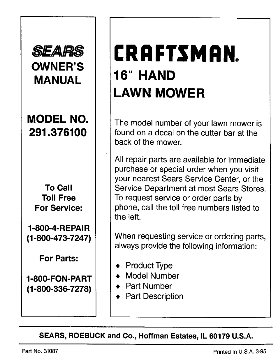 Crrftsmfln, Sears, 16" hand lawn mower | Owner’s manual, Model no | Craftsman 291.376100 User Manual | Page 5 / 5