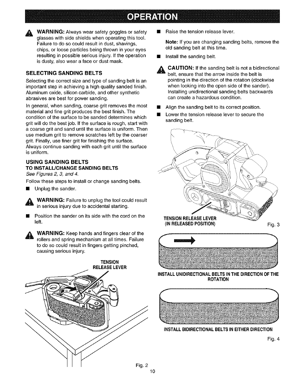 Selecting sanding belts, Operation | Craftsman 315.117260 User Manual | Page 10 / 18