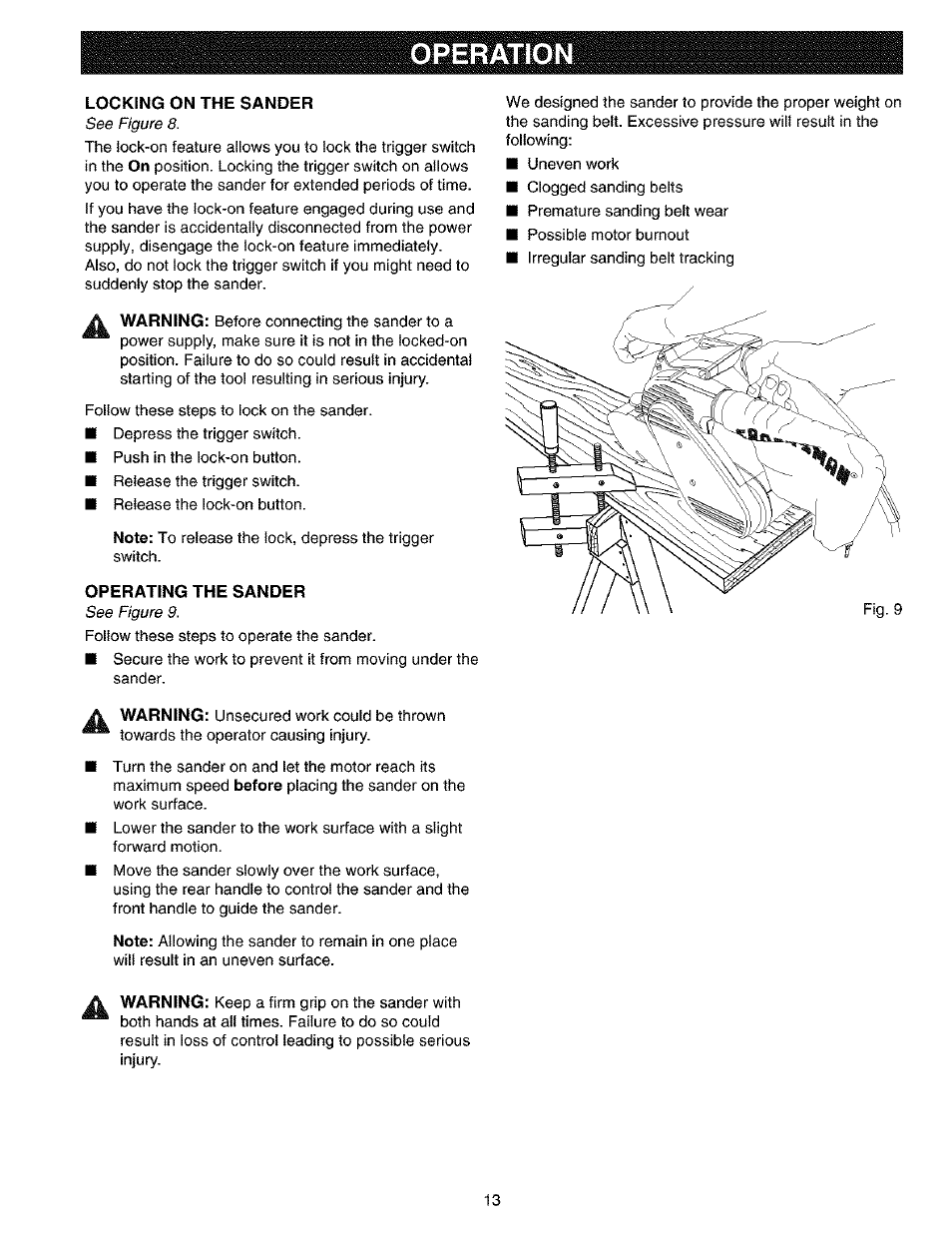 Locking on the sander, Operating the sander, Operation | Craftsman 315.117260 User Manual | Page 13 / 18