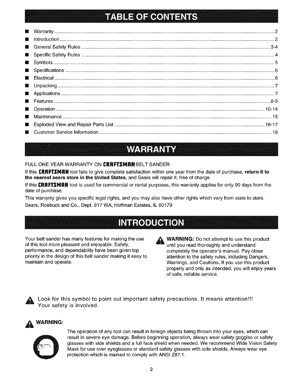 Taolie of contents, Warranty, Introduction | Craftsman 315.117260 User Manual | Page 2 / 18