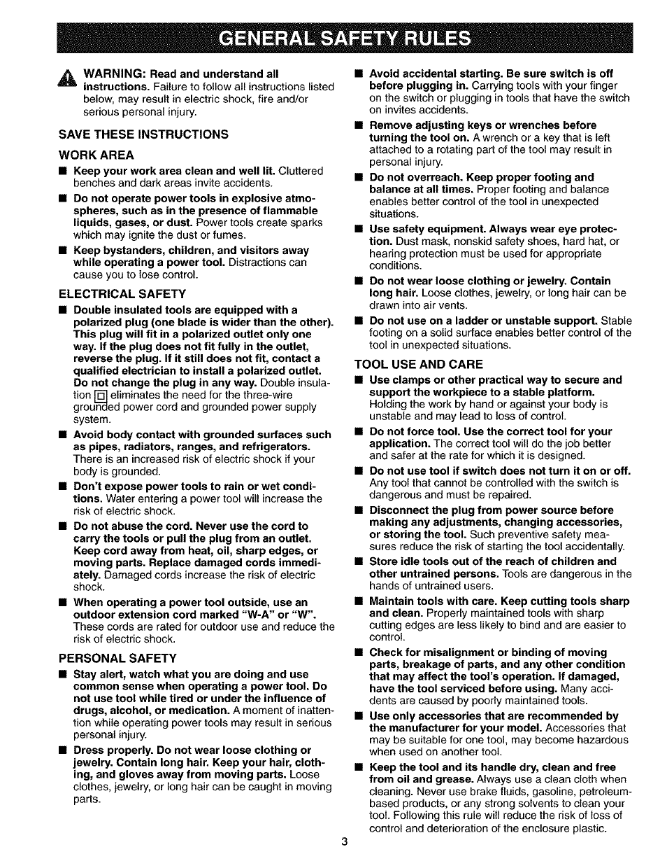 General safety rules, General safety rules -4 | Craftsman 315.117260 User Manual | Page 3 / 18