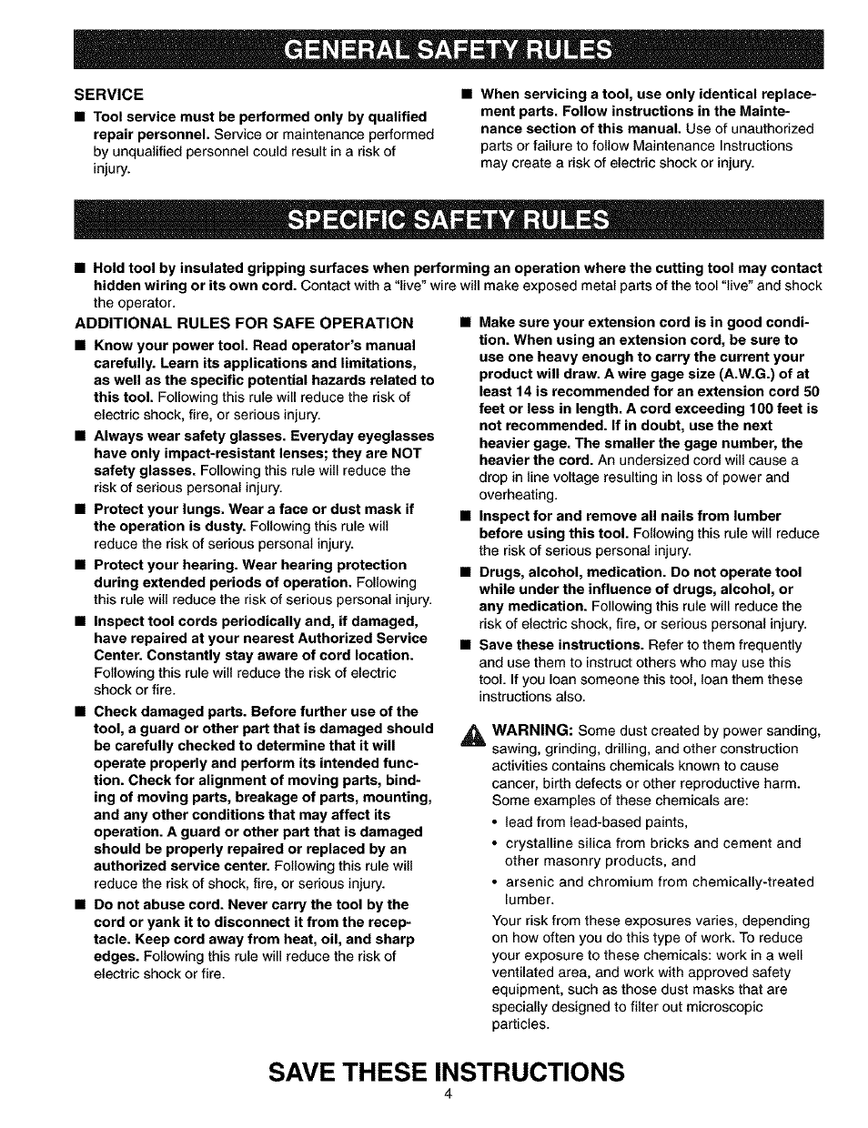 Service, Additional rules for safe operation, General safety rules | Save these instructions | Craftsman 315.117260 User Manual | Page 4 / 18