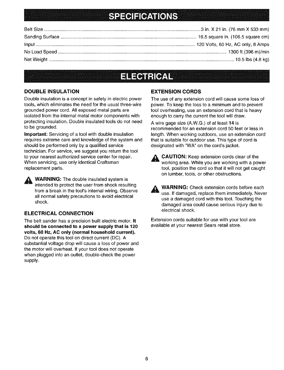 Specifications, Double insulation, Electrical connection | Extension cords | Craftsman 315.117260 User Manual | Page 6 / 18