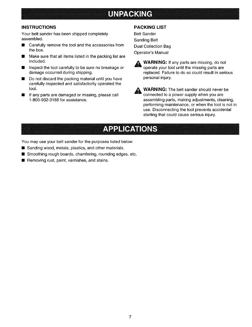 Instructions, Packing list, Introduction | Unpacking, Applications | Craftsman 315.117260 User Manual | Page 7 / 18