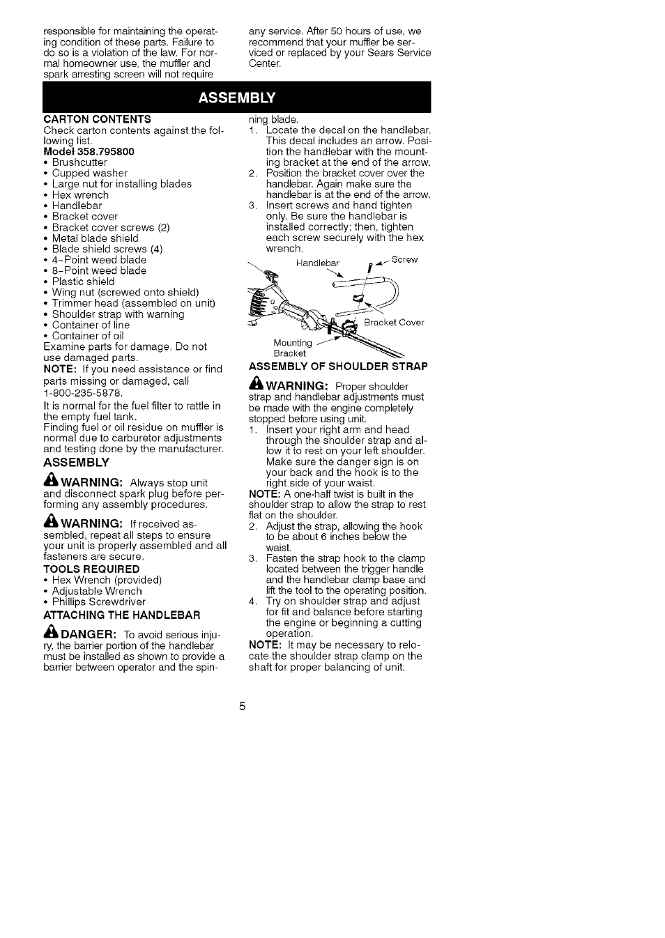 Assembly | Craftsman 358.795800 User Manual | Page 5 / 39