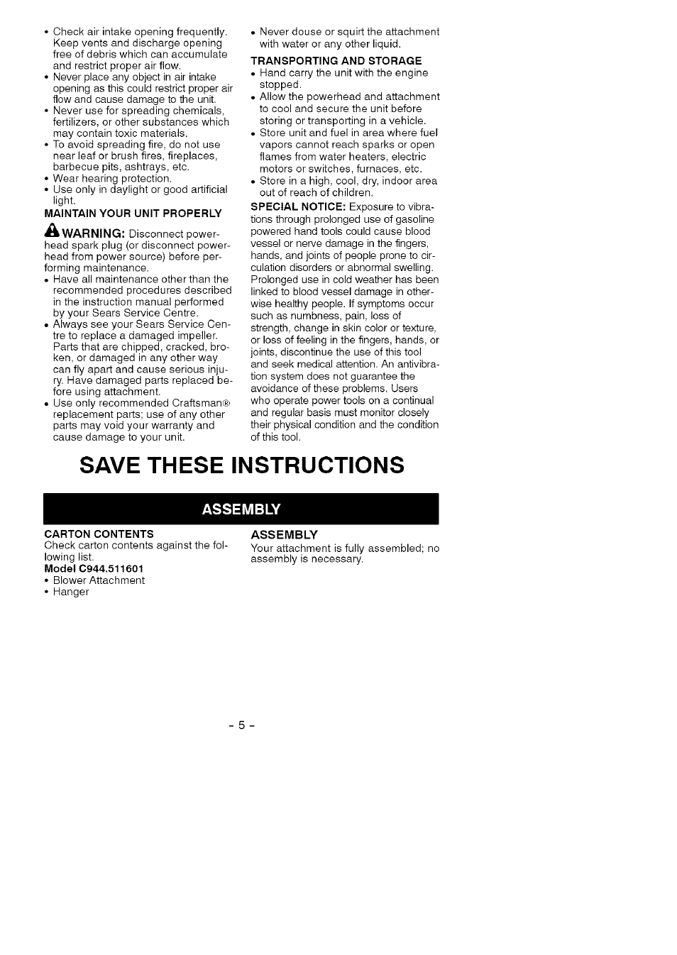 Save these instructions, Assembly | Craftsman C944.511601 User Manual | Page 5 / 8