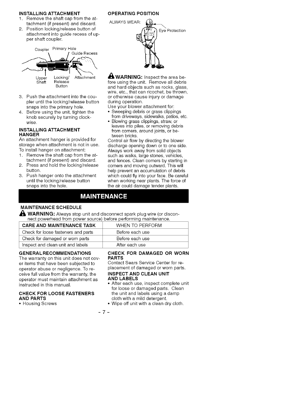 Maintenance | Craftsman C944.511601 User Manual | Page 7 / 8