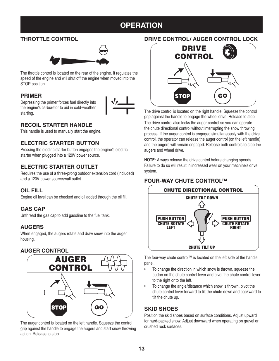 Auger control, Drive control, Operation | Craftsman 247.8897 User Manual | Page 13 / 68