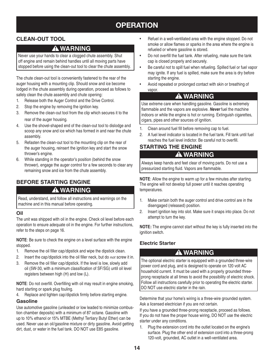 Operation, Warning | Craftsman 247.8897 User Manual | Page 14 / 68