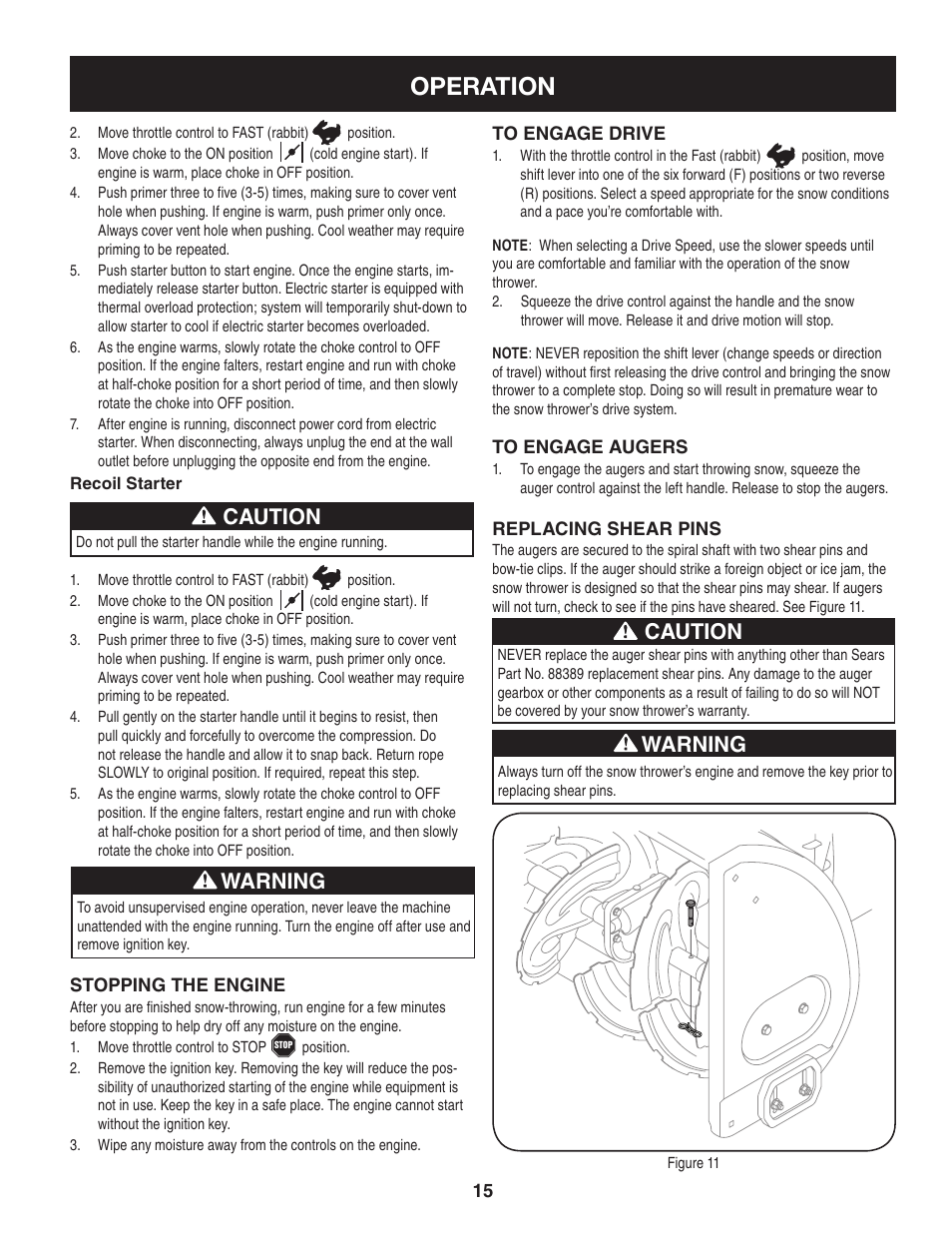 Operation, Caution, Warning | Craftsman 247.8897 User Manual | Page 15 / 68