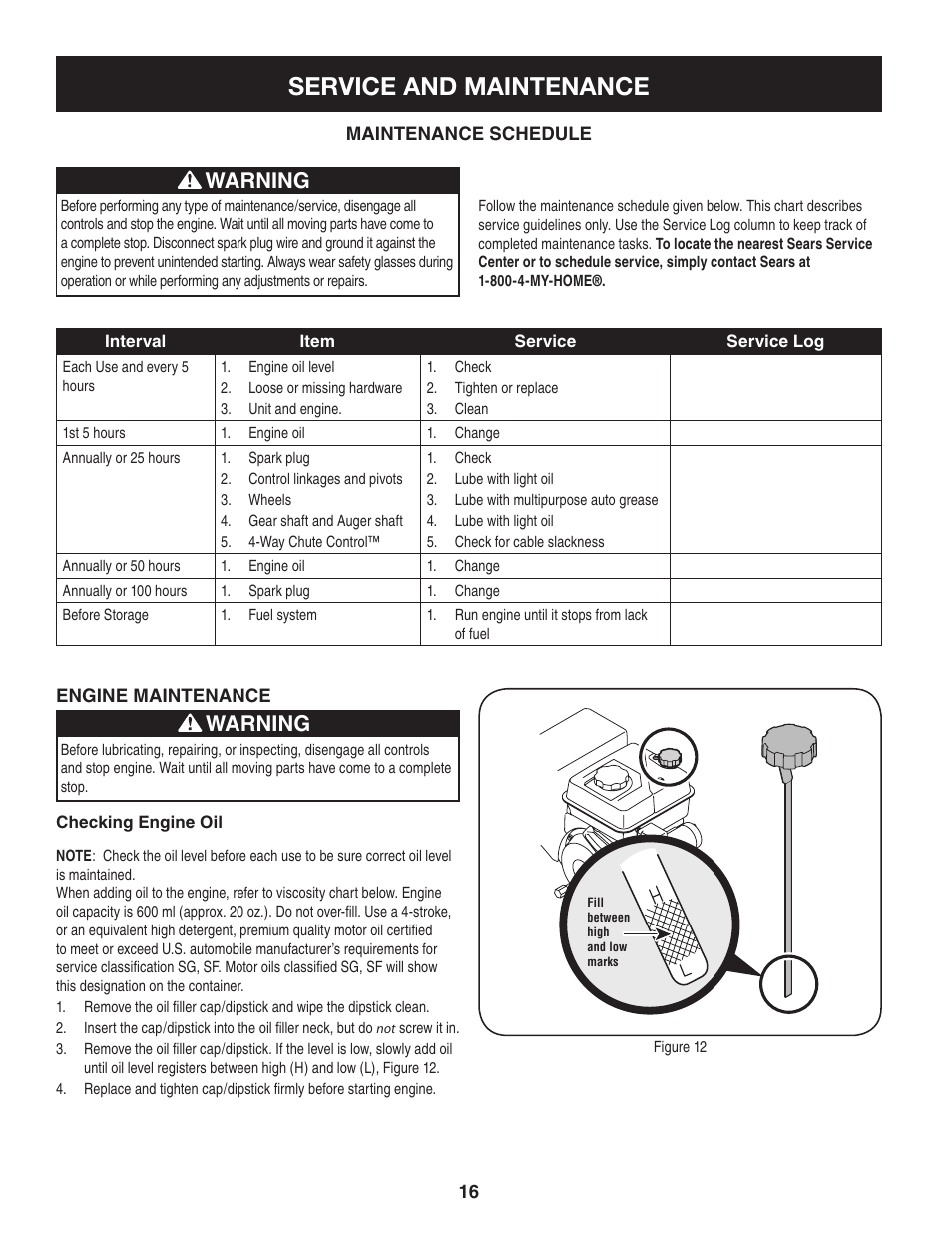 Service and maintenance, Warning | Craftsman 247.8897 User Manual | Page 16 / 68