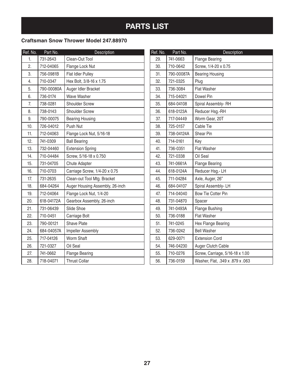 Parts list | Craftsman 247.8897 User Manual | Page 27 / 68