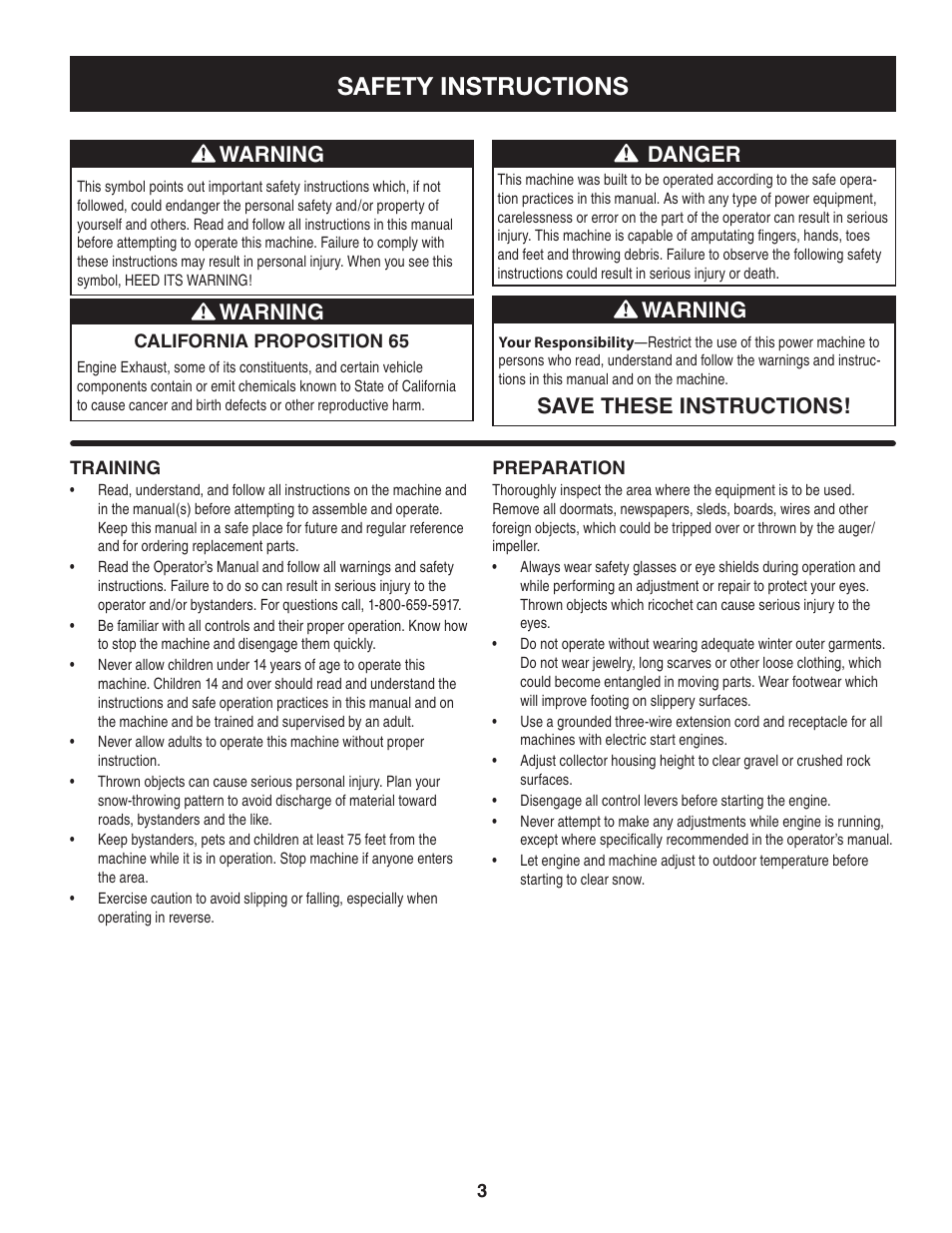 Safety instructions, Warning, Save these instructions! warning | Danger | Craftsman 247.8897 User Manual | Page 3 / 68