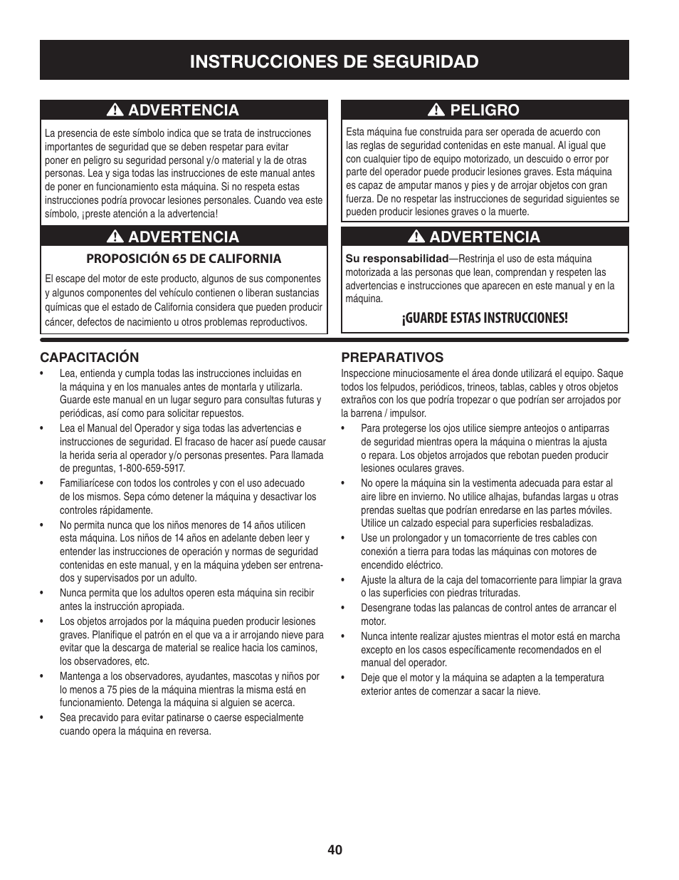 Instrucciones de seguridad, Peligro, Advertencia | Guarde estas instrucciones! advertencia | Craftsman 247.8897 User Manual | Page 40 / 68