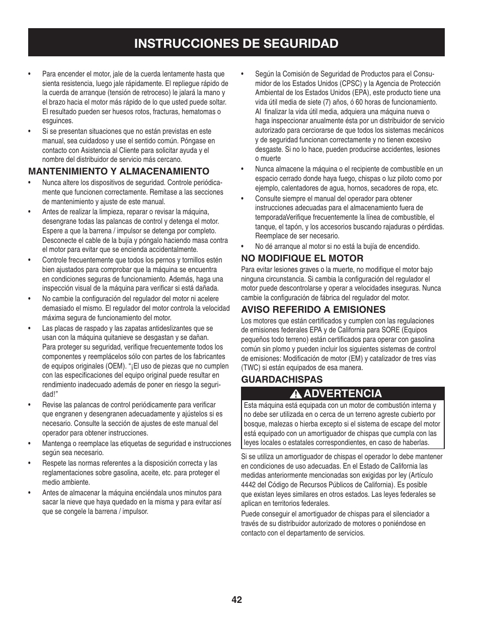 Instrucciones de seguridad, Advertencia | Craftsman 247.8897 User Manual | Page 42 / 68