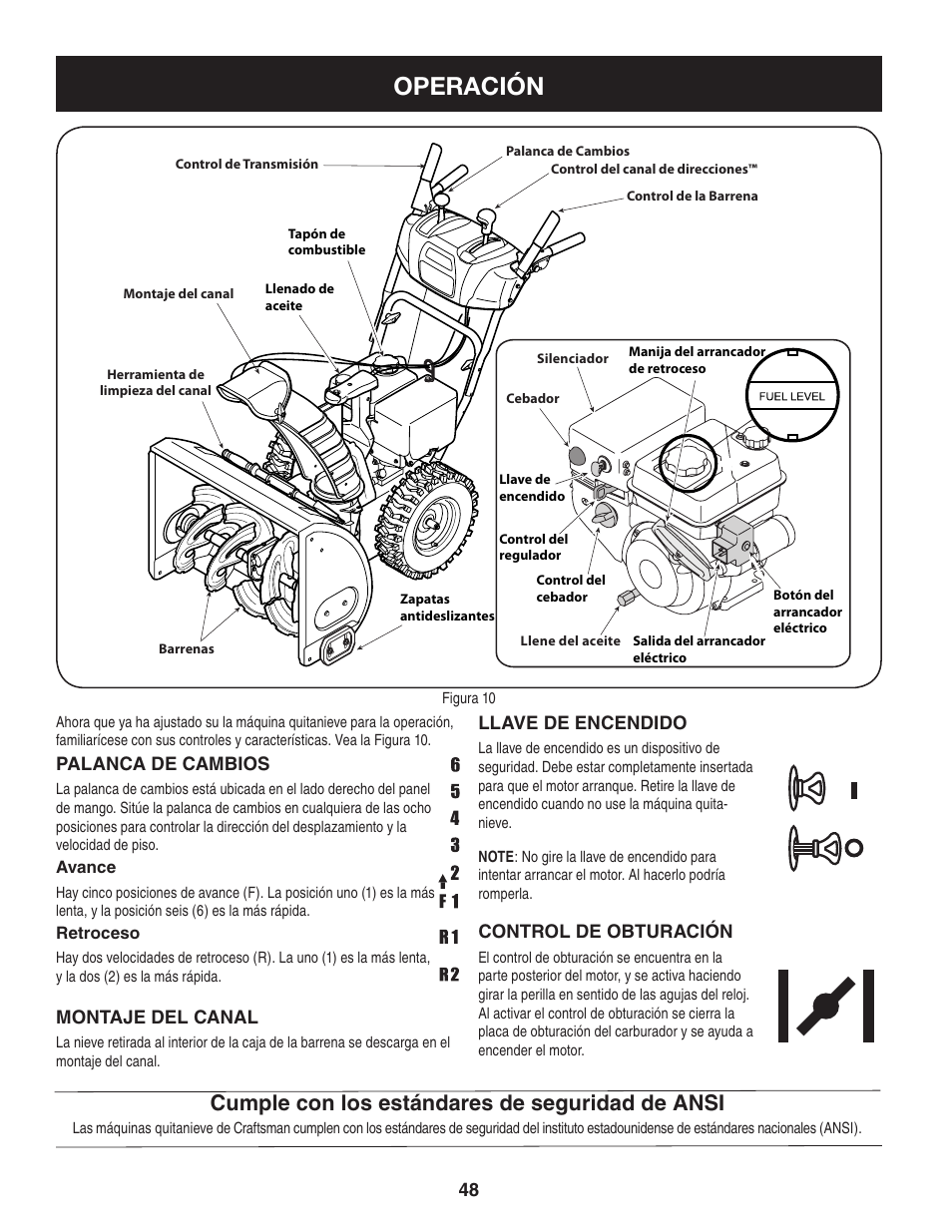 Operación, Cumple con los estándares de seguridad de ansi | Craftsman 247.8897 User Manual | Page 48 / 68