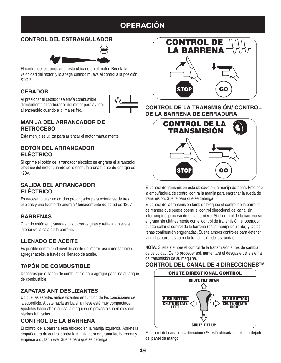Control de la barrena, Operación, Control de la transmisión | Craftsman 247.8897 User Manual | Page 49 / 68