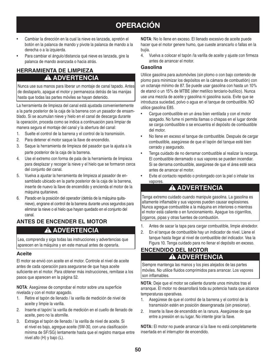 Operación, Advertencia | Craftsman 247.8897 User Manual | Page 50 / 68