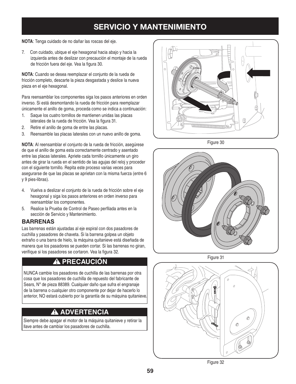 Servicio y mantenimiento, Precaución advertencia | Craftsman 247.8897 User Manual | Page 59 / 68