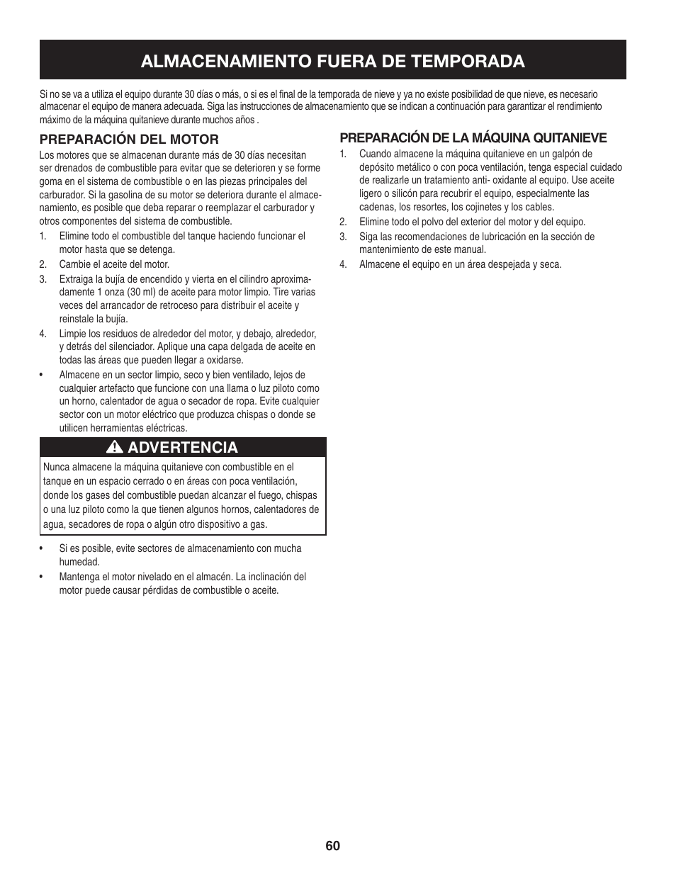 Almacenamiento fuera de temporada, Advertencia | Craftsman 247.8897 User Manual | Page 60 / 68