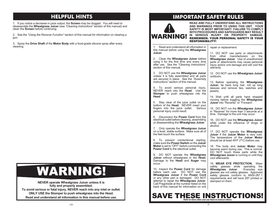 Save these instructions, Warning, Important safety rules | Helpful hints | Samson Super Juicer 08-5000 User Manual | Page 3 / 6