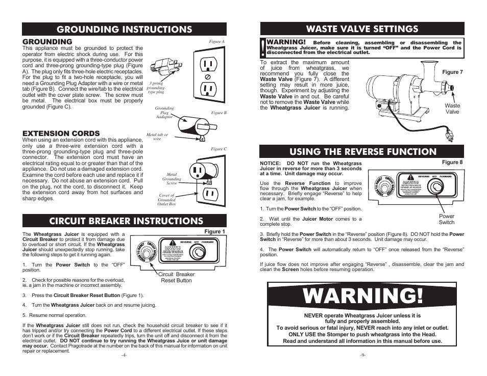 Warning, Using the reverse function waste valve settings, Grounding | Extension cords | Samson Super Juicer 08-5000 User Manual | Page 4 / 6