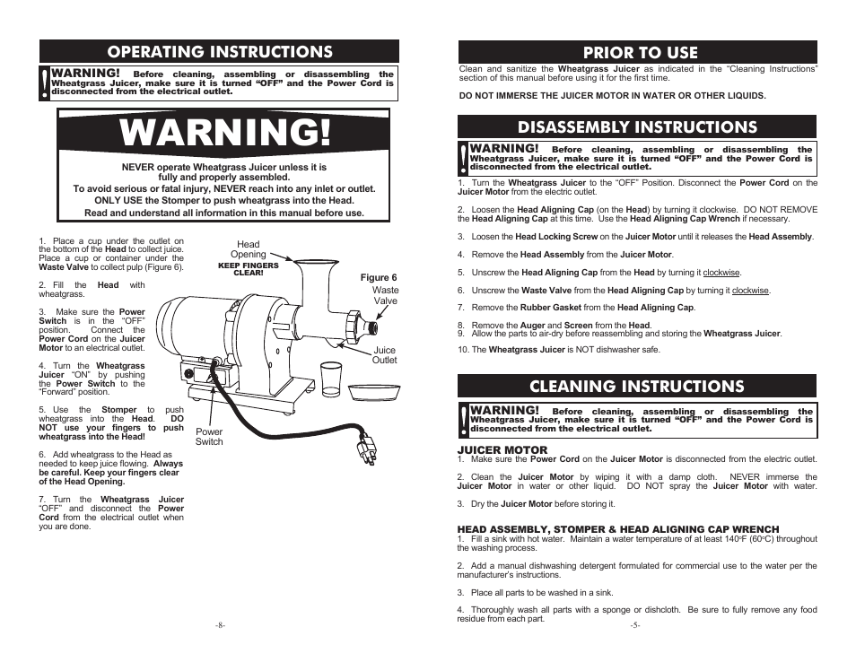 Warning, Prior to use disassembly instructions, Cleaning instructions | Operating instructions | Samson Super Juicer 08-5000 User Manual | Page 5 / 6