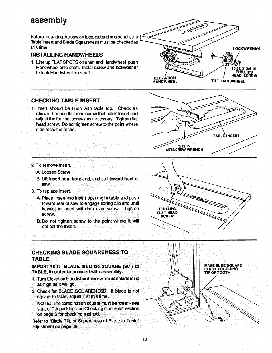 Snstalling handwheels, Checking table insert, Checking blade squareness to table | Installing handwheels, Assembly, Table insert | Craftsman 113.298761 User Manual | Page 10 / 56