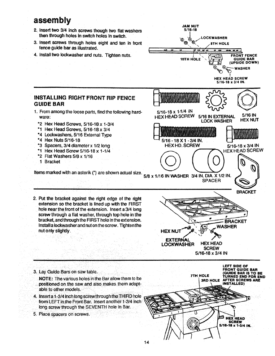 Installing right front rip fence, Guide bar, Installing right front rip fence guide bar | Assembly | Craftsman 113.298761 User Manual | Page 14 / 56