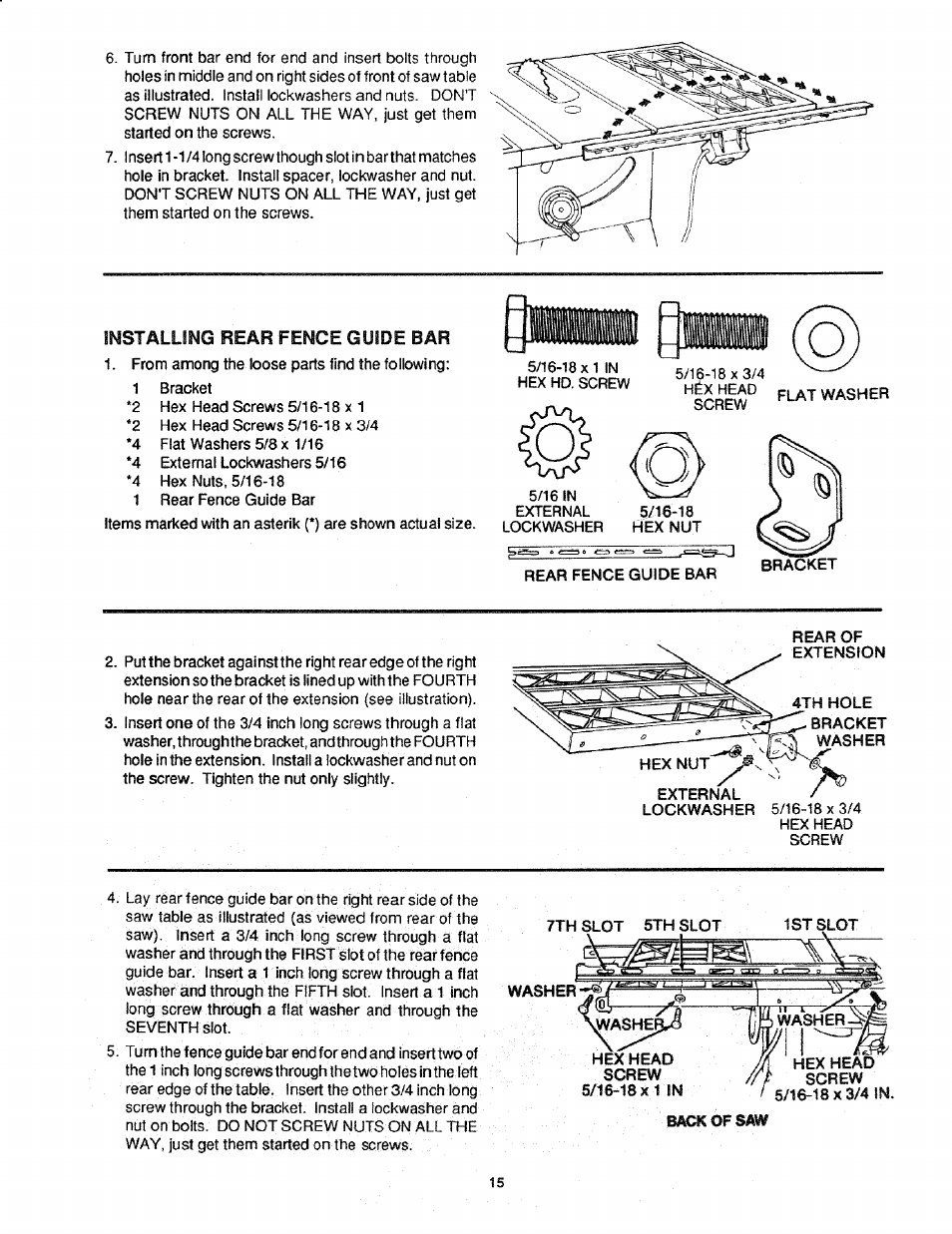 Installing rear fence guide bar | Craftsman 113.298761 User Manual | Page 15 / 56