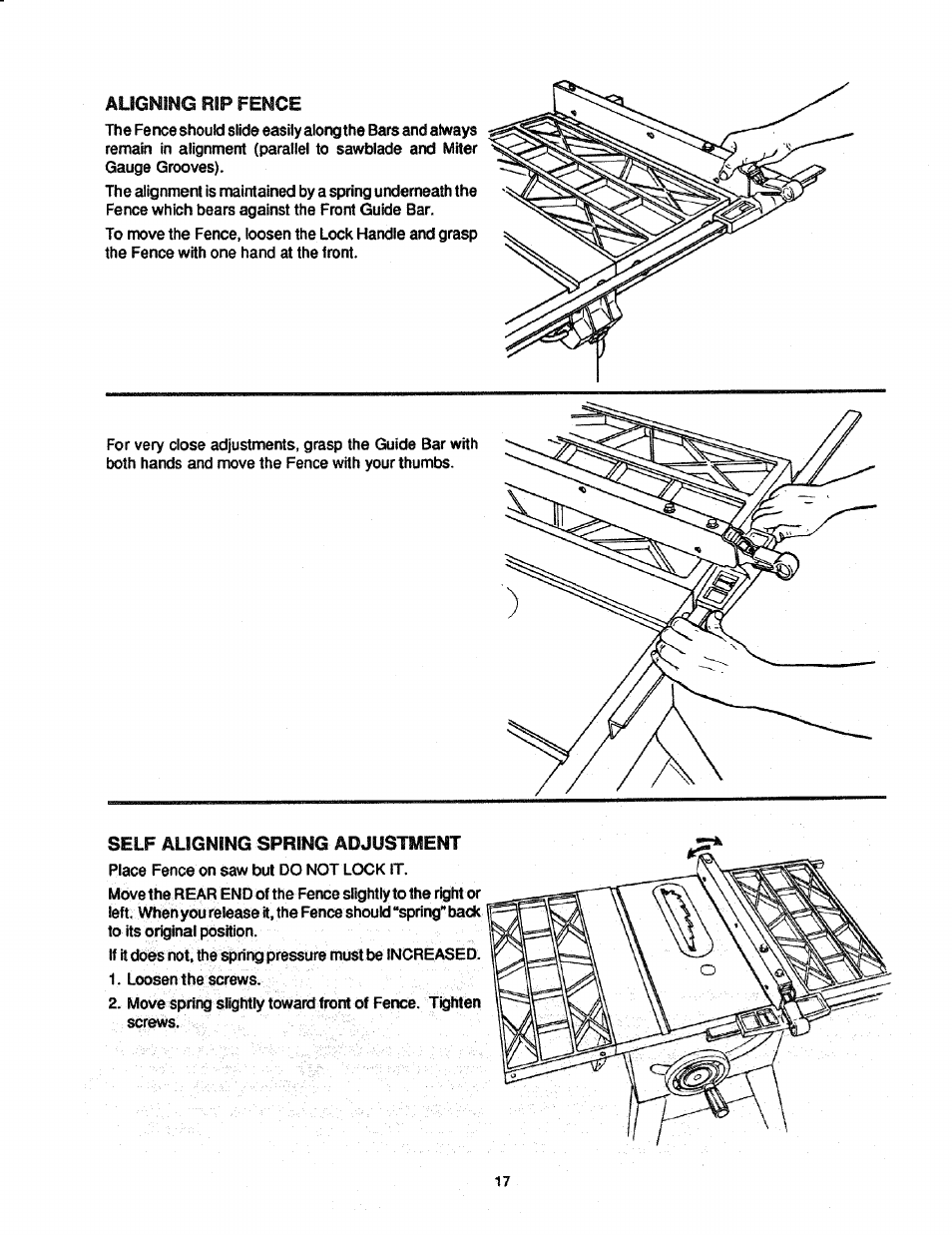 Aligning rip fence, Self aligning spring adjustment, Aligning rip fence self aligning spring adjustment | Craftsman 113.298761 User Manual | Page 17 / 56