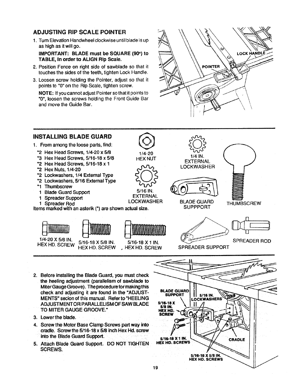 Adjusting rip scale pointer, Installing blade guard | Craftsman 113.298761 User Manual | Page 19 / 56