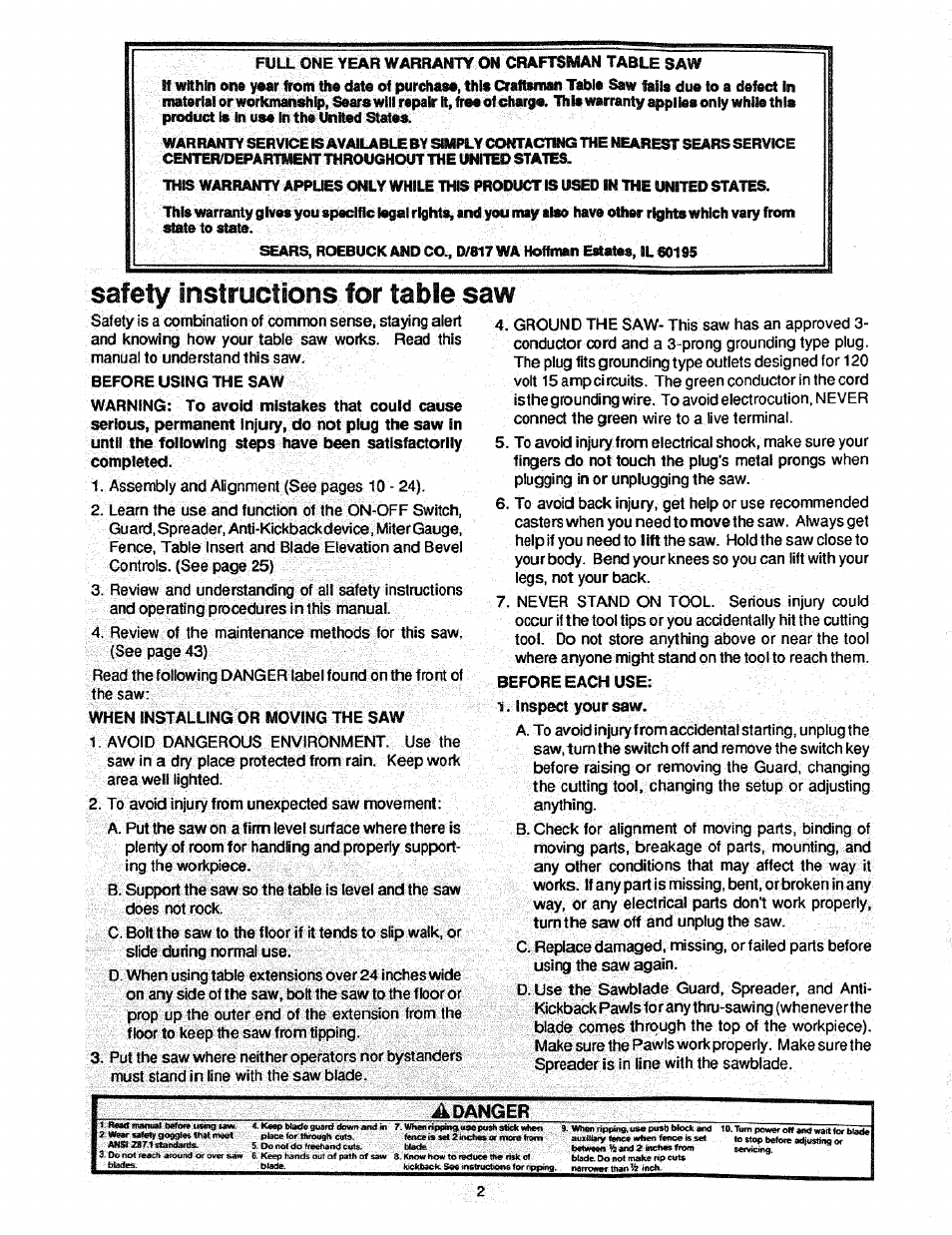 Safety iristructlons for table saw, Adanger, Fut-l one year warranty on craftsman table saw | When installing or moving the saw | Craftsman 113.298761 User Manual | Page 2 / 56