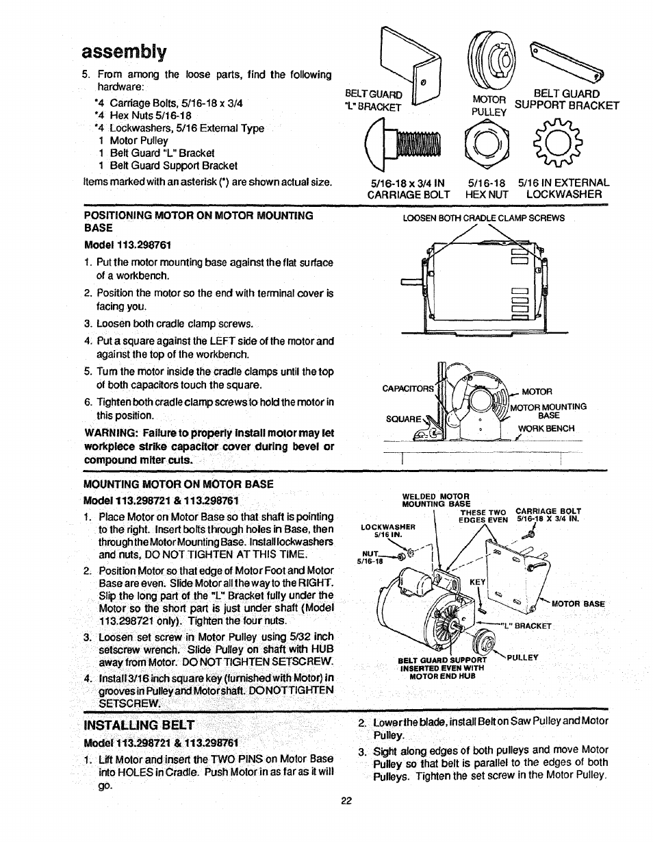 Installing belt, Assembly | Craftsman 113.298761 User Manual | Page 22 / 56