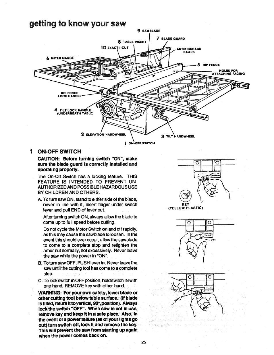 Getting to know your saw, On-off switch | Craftsman 113.298761 User Manual | Page 25 / 56