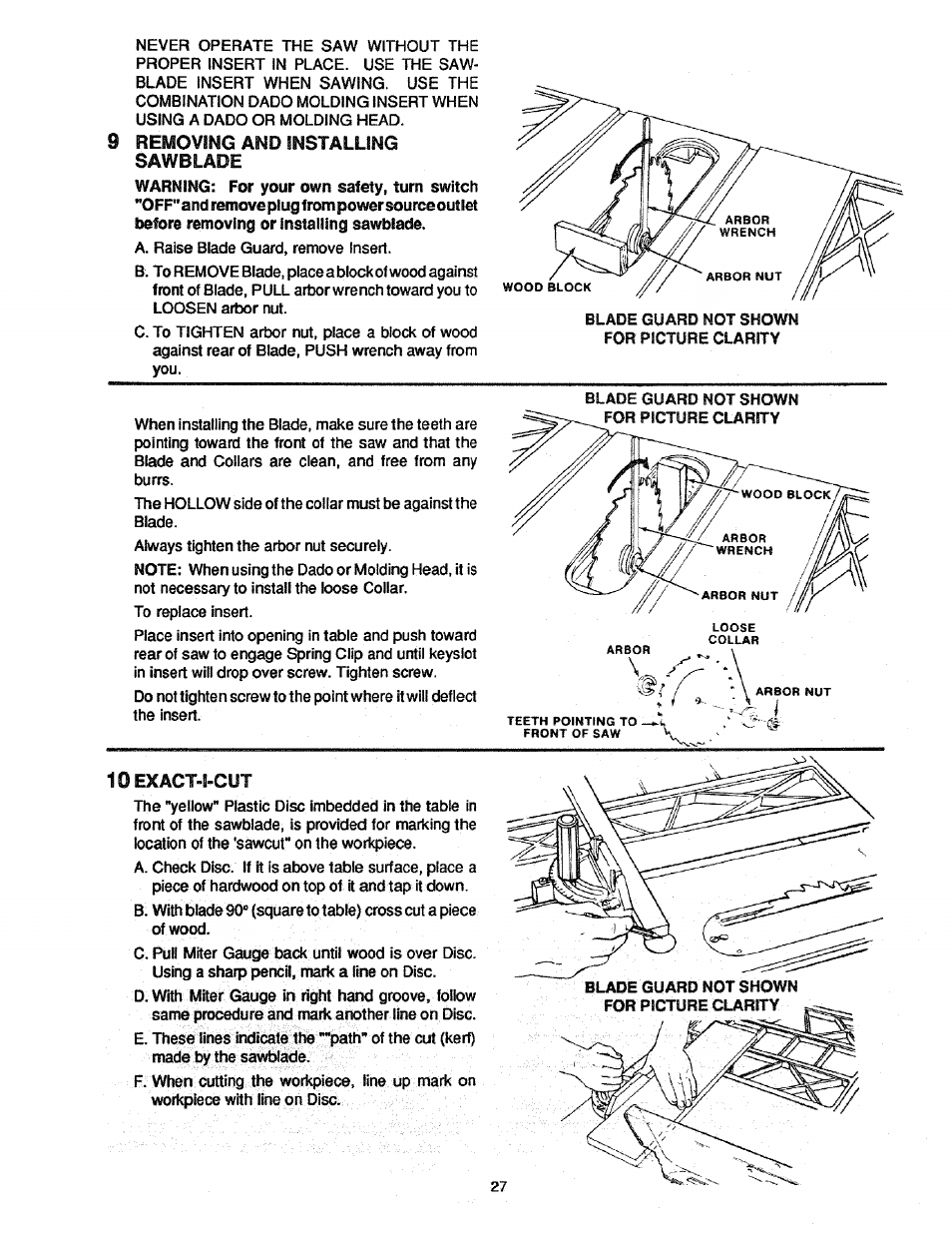 9 removing and installing sawblade, 10exact-i-cut, Removing and installing sawblade exact-i-cut | Craftsman 113.298761 User Manual | Page 27 / 56