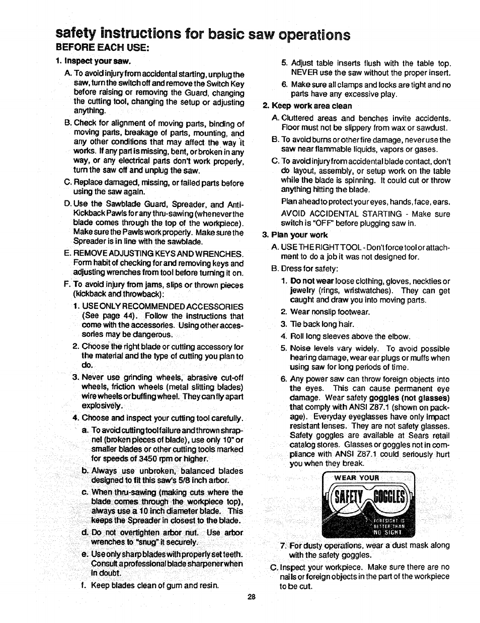 Safety instructions for basic saw operations | Craftsman 113.298761 User Manual | Page 28 / 56