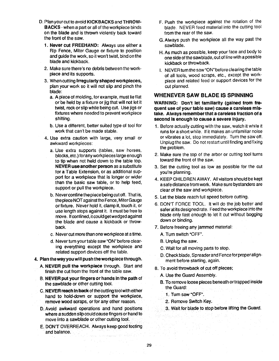 Whenever saw blade is spinning | Craftsman 113.298761 User Manual | Page 29 / 56