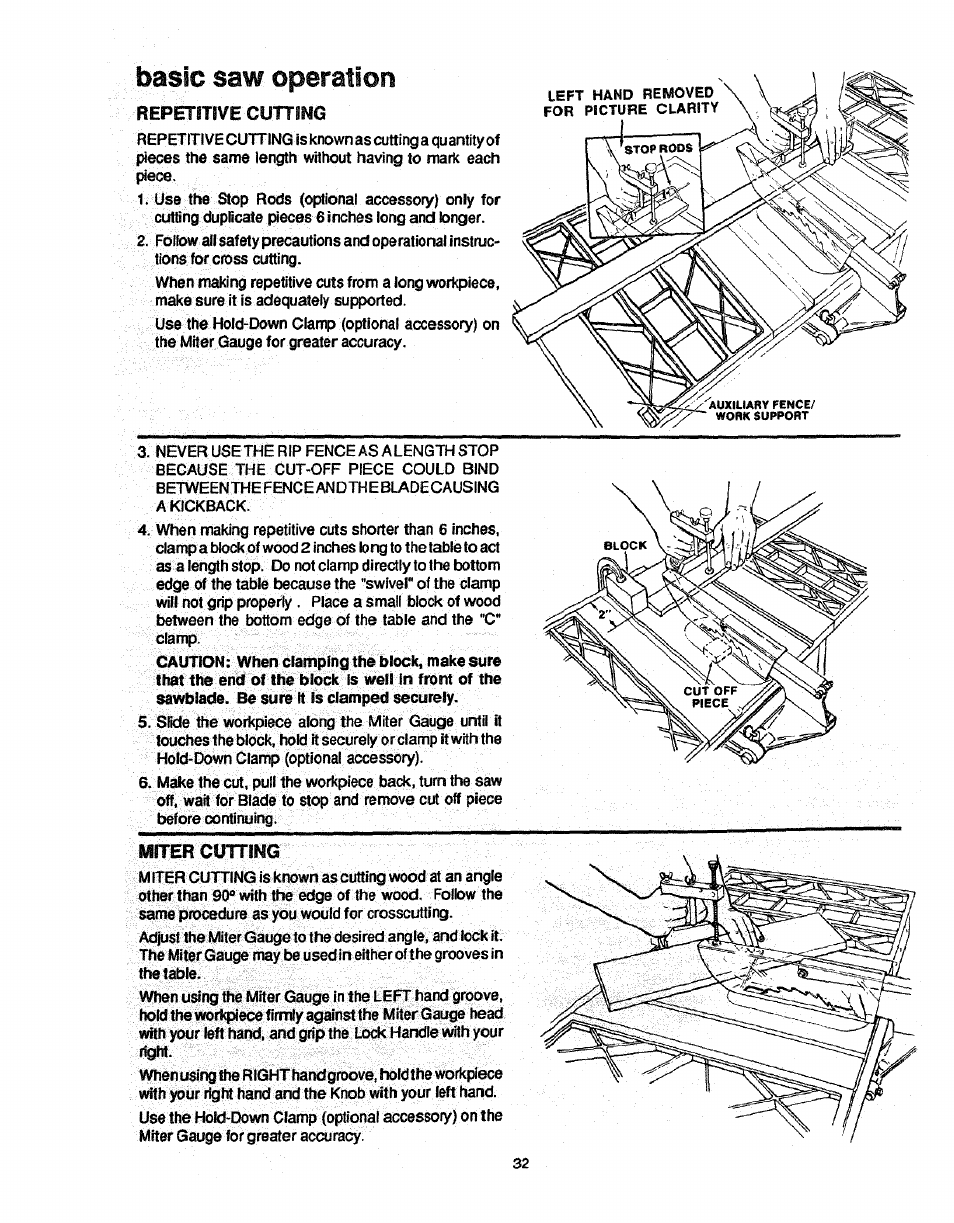 Miter cutting, Basic saw operation | Craftsman 113.298761 User Manual | Page 32 / 56