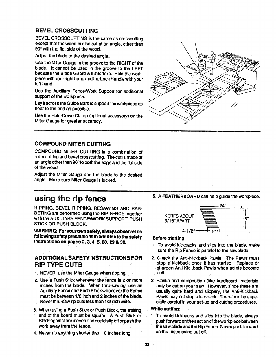 Bevel crosscutting, Compound miter cutting, Additionalsafety instructions for | Rip type cuts, Using the rip fence | Craftsman 113.298761 User Manual | Page 33 / 56