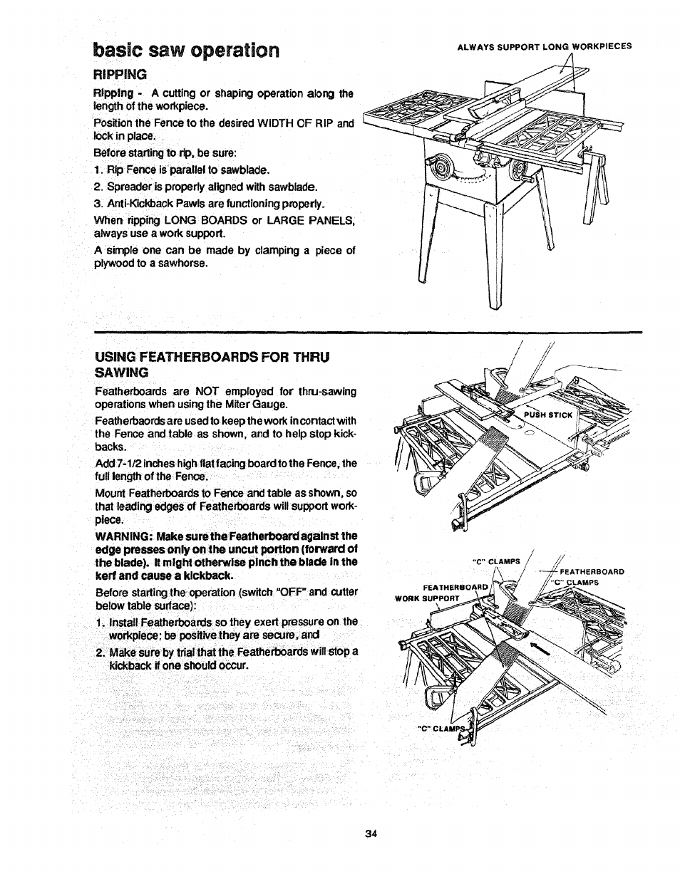 Basic saw operation, Using feattierboards for thru sawing, Using featherboards for thru sawing | Craftsman 113.298761 User Manual | Page 34 / 56