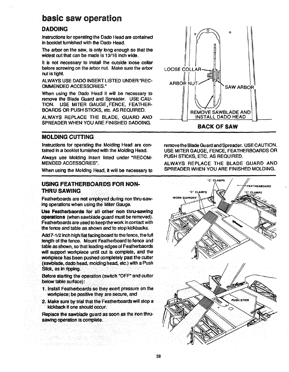 Dadoing, Back of saw, Molding cuittnig | Using featherboards for nonthru sawing, Dadoing molding cutting, Basic saw operation | Craftsman 113.298761 User Manual | Page 38 / 56