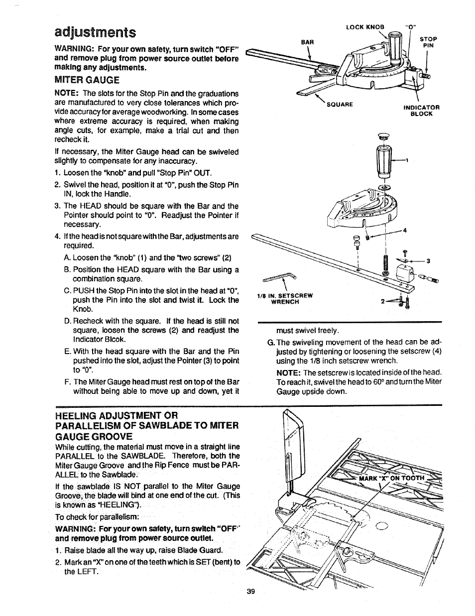 Miter gauge, Adjustments | Craftsman 113.298761 User Manual | Page 39 / 56