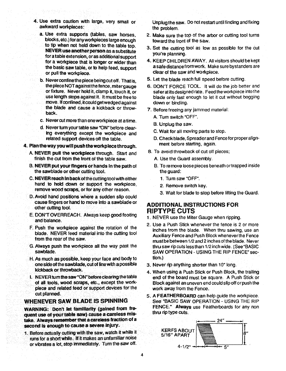 Whenever saw blade is spinning, Additional instructions for, Riptype cuts | Craftsman 113.298761 User Manual | Page 4 / 56